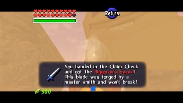 a video game screen with text and a sword