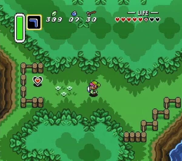 Link collecting Heart Piece #9 on the path beside Zora's Waterfall
