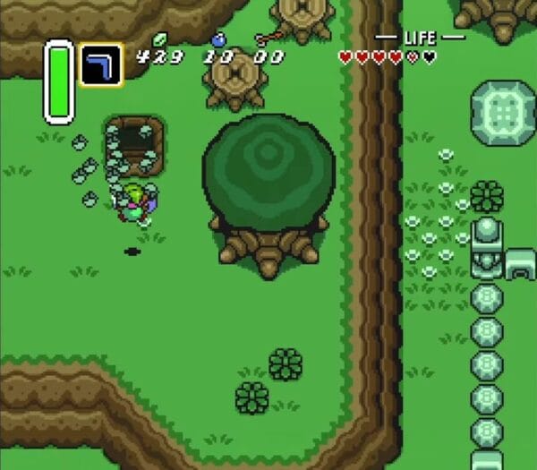 Link dashing into rocks on the ledge west of the Sanctuary to reveal Heart Piece #6