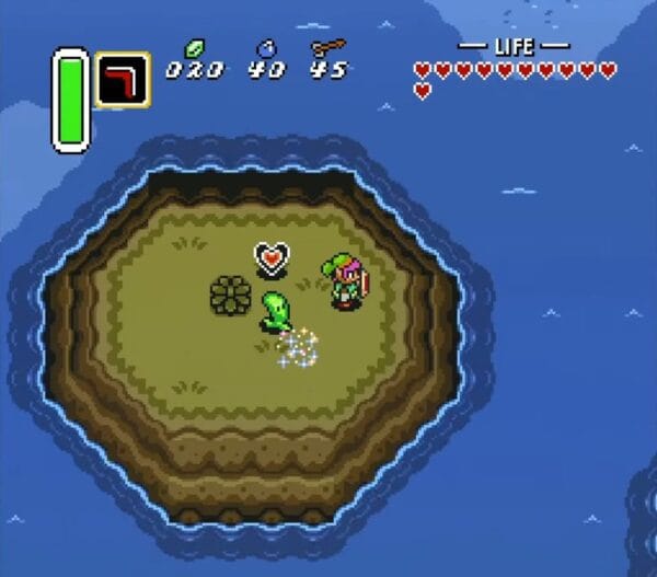 Link collecting Heart Piece #20 on the island in Lake Hylia after using the Magic Mirror