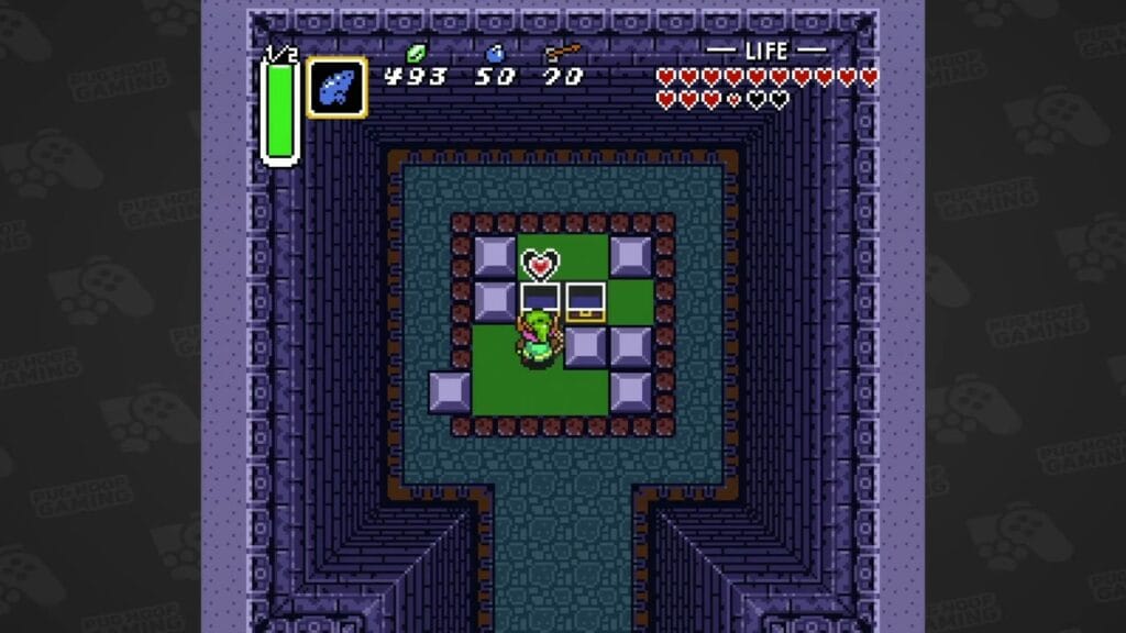 Link collecting Heart Piece #21 from a chest inside the building west of Misery Mire