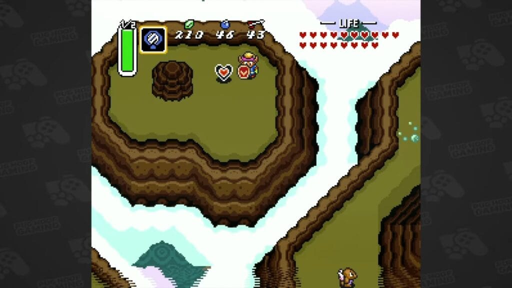 Link collecting Heart Piece #23 on the isolated floating island on Death Mountain