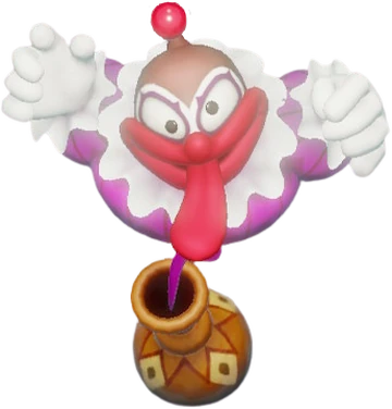 a cartoon clown with a long tongue and a jug