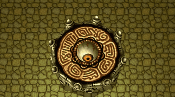 a video game screen shot of a circular object with a eyeball inside