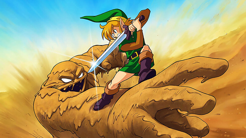 cartoon of a boy holding a sword in front of a monster
