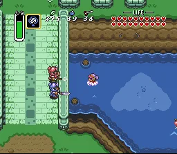 uno schermo di un videogioco con un paio di persone in piedi su un ponte