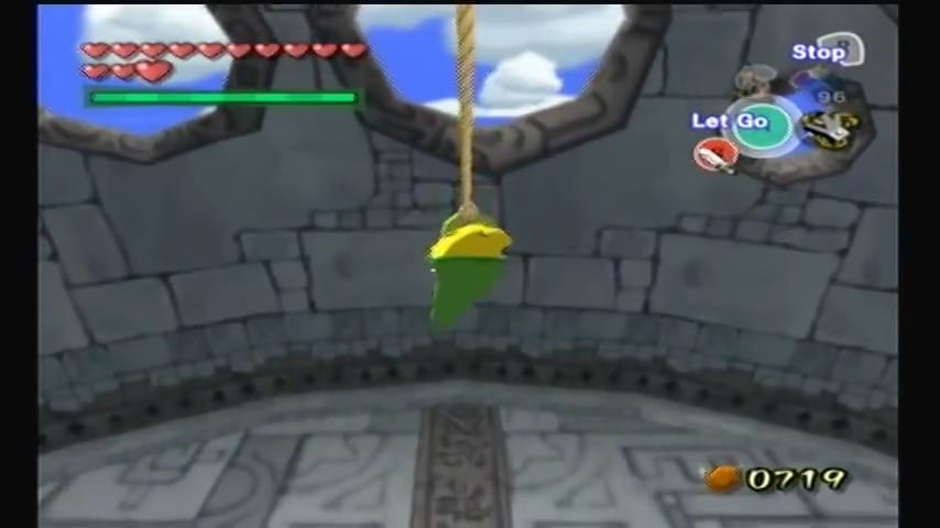 The Wind Waker Schermata di Link che usa il suo rampino per oscillare e suonare la Campana degli Dei