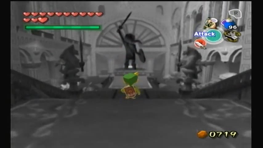 The Wind Waker Schermata del castello di Hyrule mostrata in scala di grigi con Link a colori