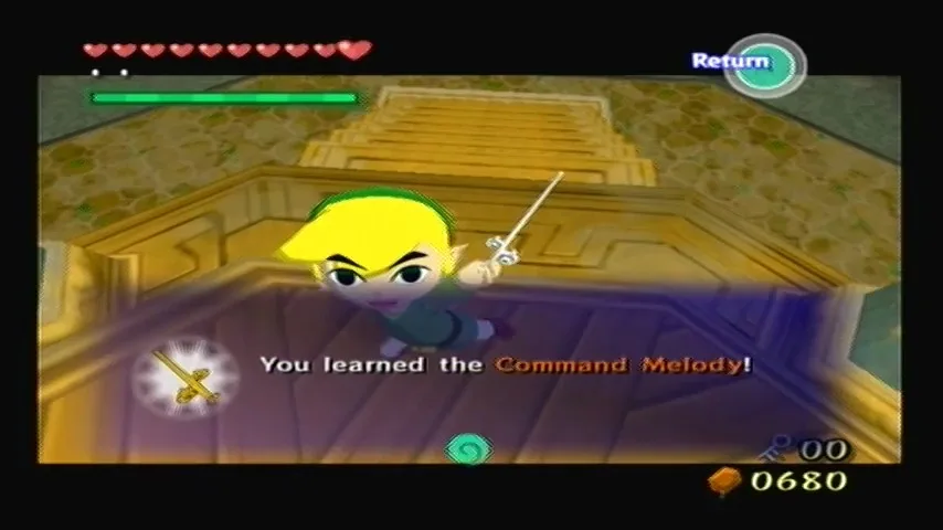 The Wind Waker Schermata di Link che impara con successo la melodia dei comandi nel dungeon della Torre degli Dei