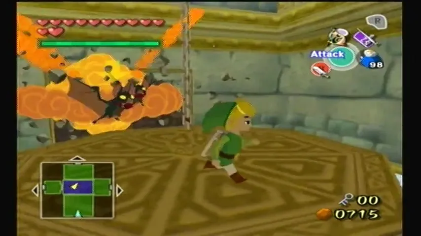 The Wind Waker Schermata di Link che fa un buco nel muro con una bomba nel dungeon della Torre degli Dei.