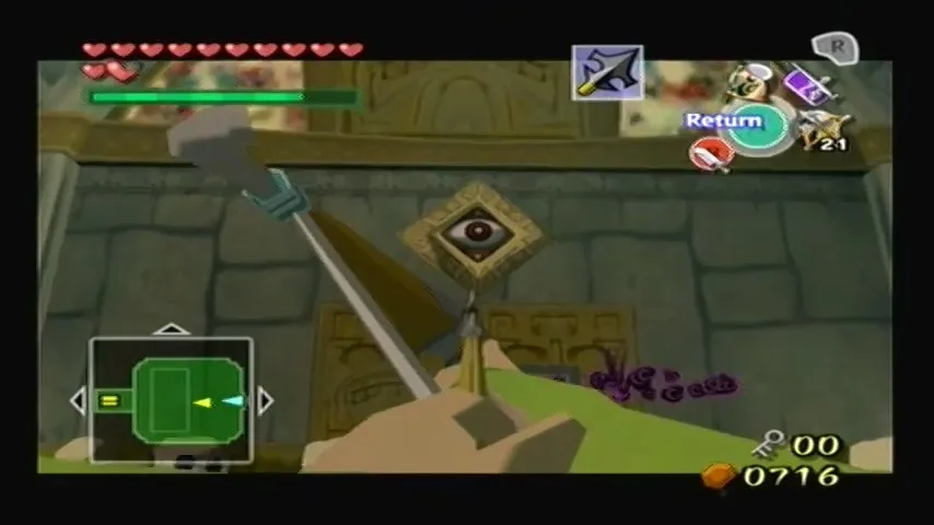 The Wind Waker Schermata di Link che risolve il puzzle dell'occhio con il suo Arco dell'Eroe per accedere al forziere contenente la Tabella del Tesoro n. 6