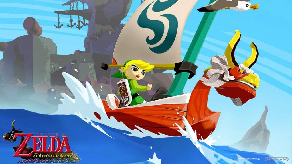 Cartoon-style image of Link sailing a red and white dragon-headed boat with a green sail on blue waves, with grey rocky cliffs in the background and a flying seagull overhead, featuring the logo of The Legend of Zelda: The Wind Waker in the bottom left corner.