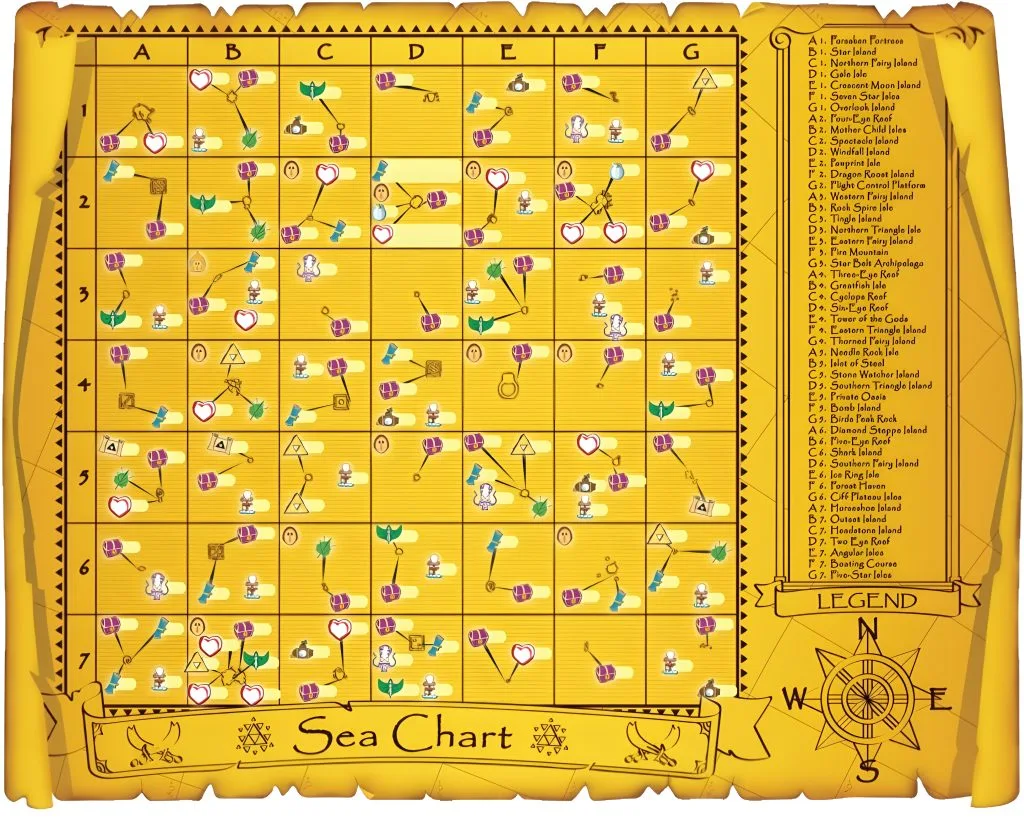 The Wind Waker Mapa mundial que contiene las ubicaciones de la Pieza de Corazón, el Fragmento de la Trifuerza, el Gran Pulpo y la Carta del Tesoro.