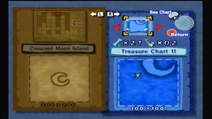 The Wind Waker Schermata di guida per il pezzo di cuore n. 19 e la tabella del tesoro n. 11