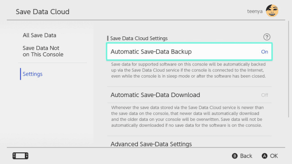 Nintendo Switch Cloud Save Screen