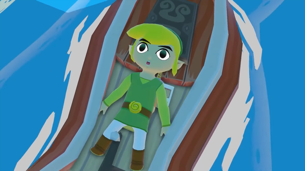 Link on a boat, surprised expression