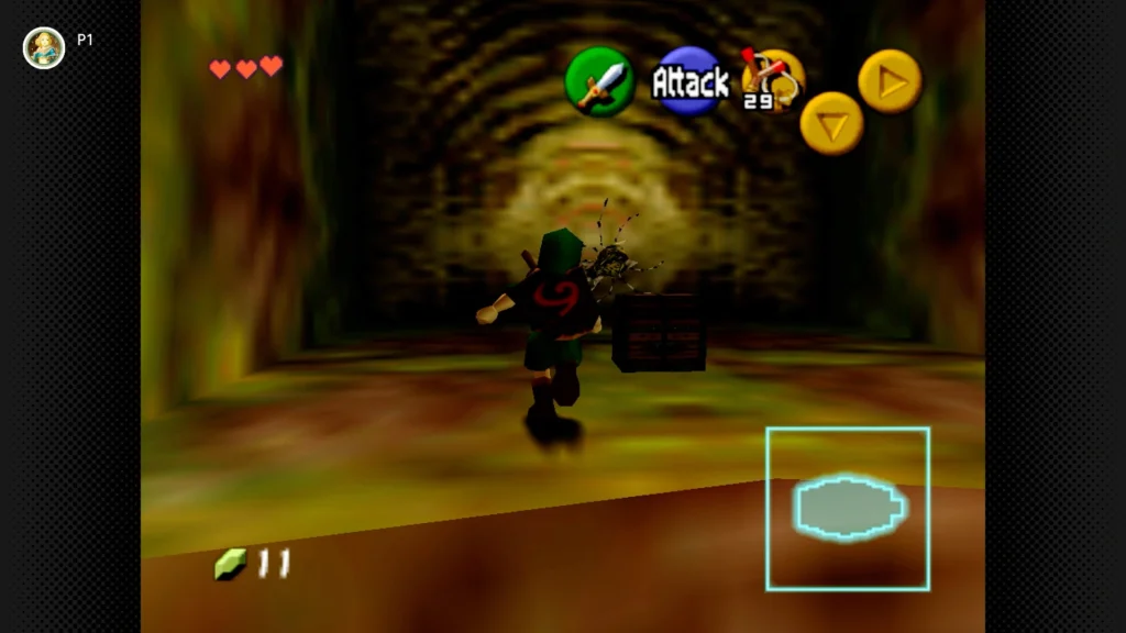 Gold Skulltulas 13 Young Link using the slingshot against a Gold Skulltula inside an alcove on the wall of the Compass room in Inside the Deku Tree.