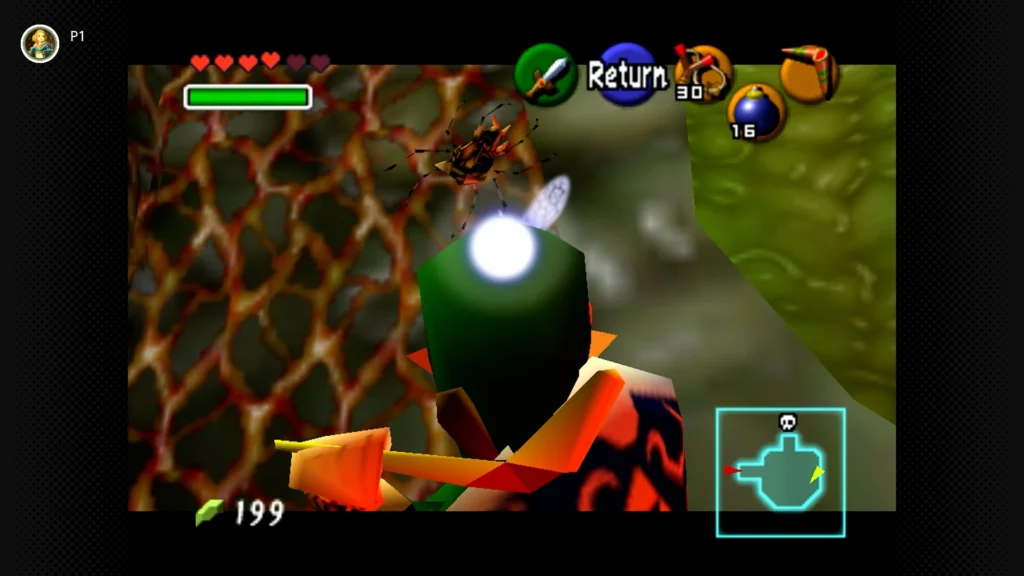 Gold Skulltulas 25 Young Link aiming at a Gold Skulltula positioned high on the wall vines in the rising platform room just before the Barinade boss fight inside Jabu-Jabu's Belly.