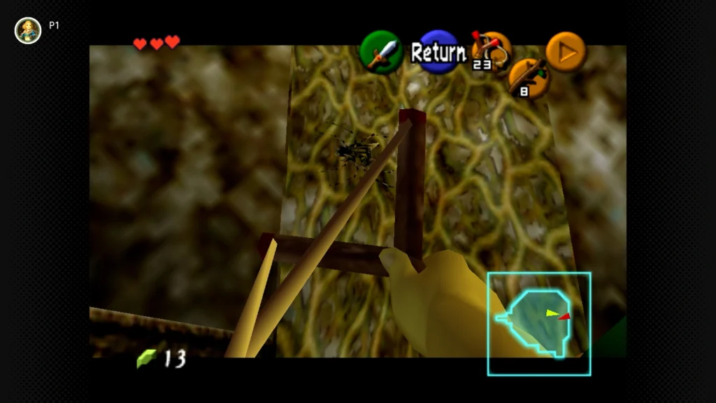 Gold Skulltulas 14 A Gold Skulltula crawling high up on the climbable vines on the wall in the basement room B1 of Inside the Deku Tree.