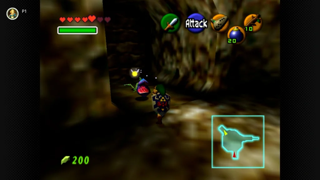 Gold Skulltulas 16 Young Link standing in front of a blown-open bombable wall revealing a hidden Gold Skulltula behind a spiderweb inside the Deku Tree.
