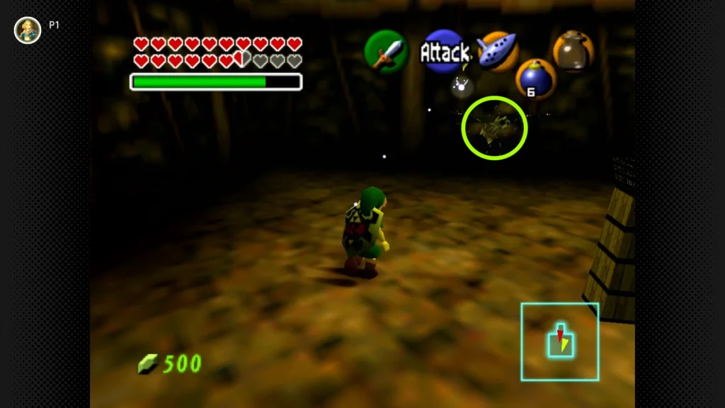Gold Skulltulas 17 Young Link standing in front of a blown-open hidden room passage containing a Gold Skulltula in Dodongo's Cavern.