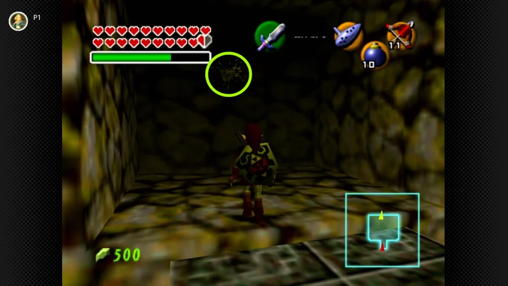 Gold Skulltulas 19 Young Link using the Boomerang to grab a Gold Skulltula token from a high alcove in the raised staircase room of Dodongo's Cavern.