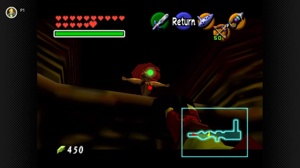 Gold Skulltulas 21 Adult Link using the Hookshot to pull himself up to Pierre the Scarecrow on a high ledge to collect a Gold Skulltula in Dodongo's Cavern.