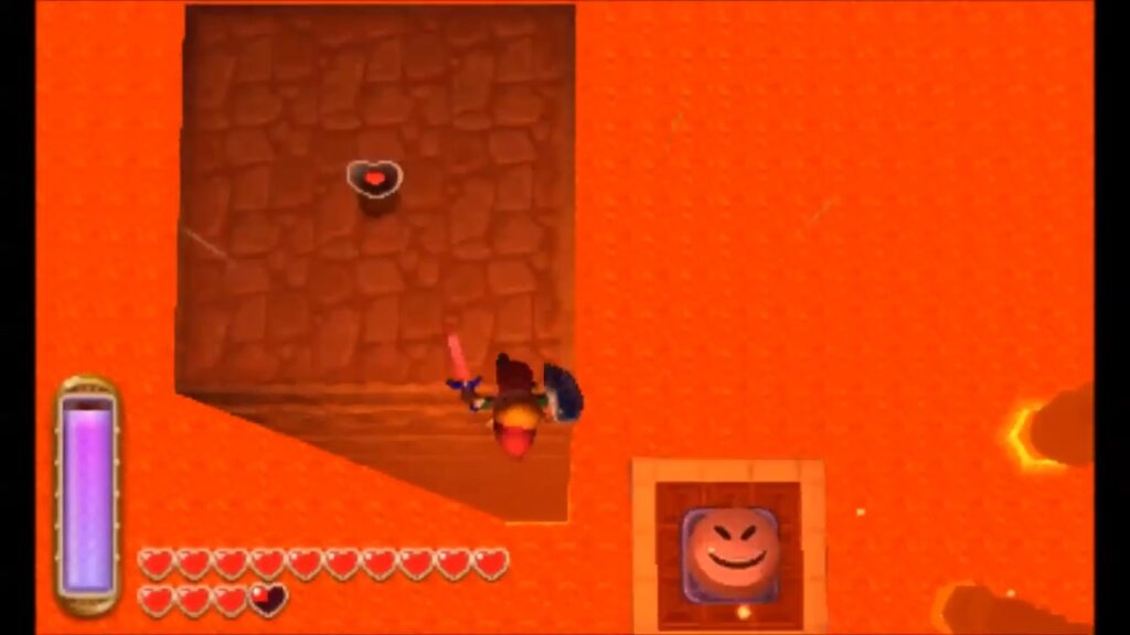 Heart Piece Locations 54 Link crossing the moving platforms and springboards in the Ore Mine volcano in A Link Between Worlds