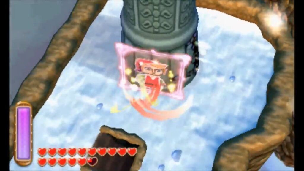 Heart Piece Locations 99 Link using the Tornado Rod to cross the icy cavern platforms in A Link Between Worlds