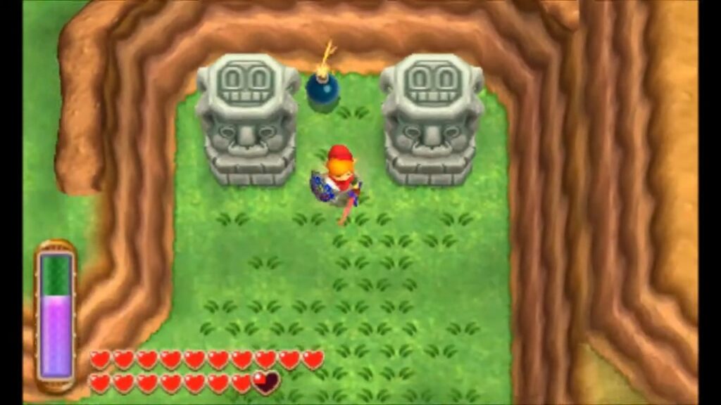 Heart Piece Locations 36 Link placing a Bomb between the statues in the Southern Ruins in A Link Between Worlds
