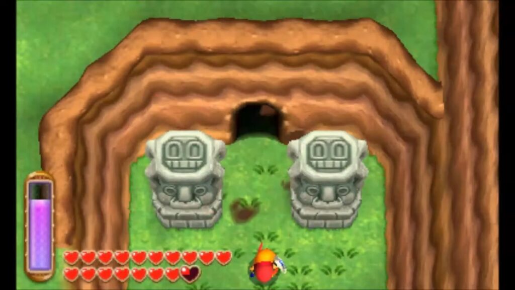 Heart Piece Locations 37 Link entering the hidden cave opened in the Southern Ruins in A Link Between Worlds