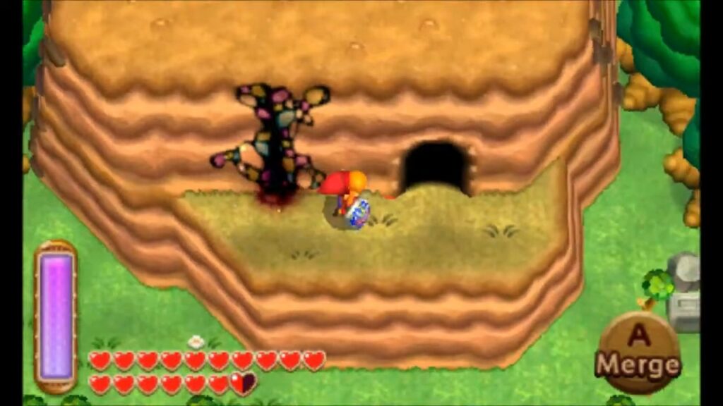 Heart Piece Locations 87 Link reaching the high cave north of the Hyrule Graveyard in A Link Between Worlds
