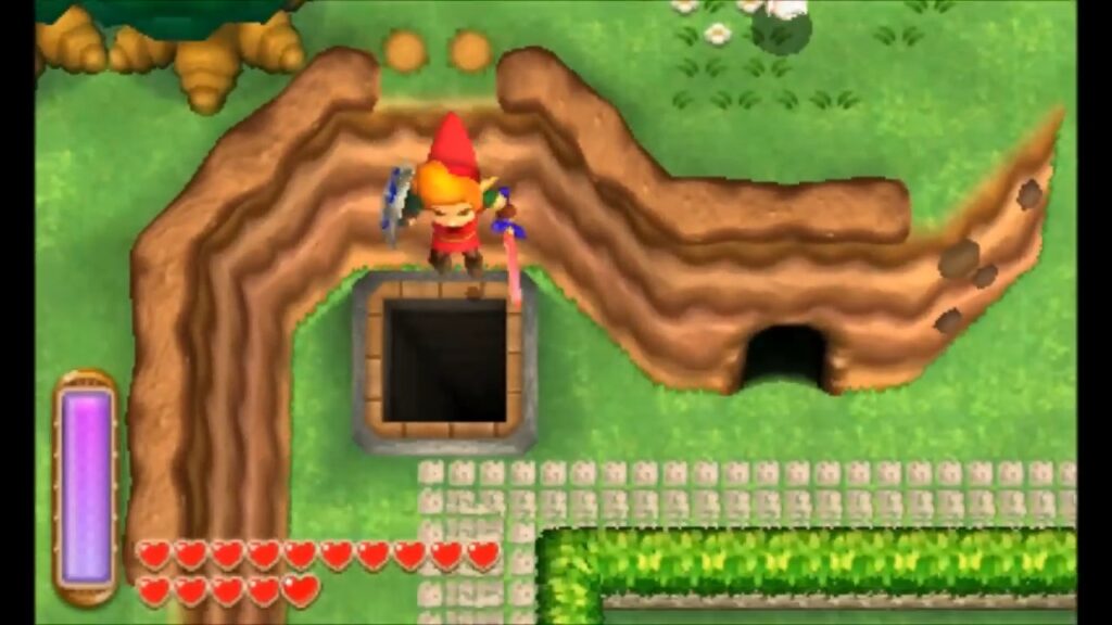 Heart Piece Locations 24 Link lifting the rocks above the northwest well cave in Kakariko Village in A Link Between Worlds