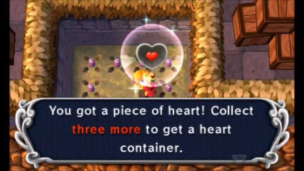 Heart Piece Locations 79 Link claiming the Piece of Heart on the ledge of the Lorule house south of Skull Woods in A Link Between Worlds
