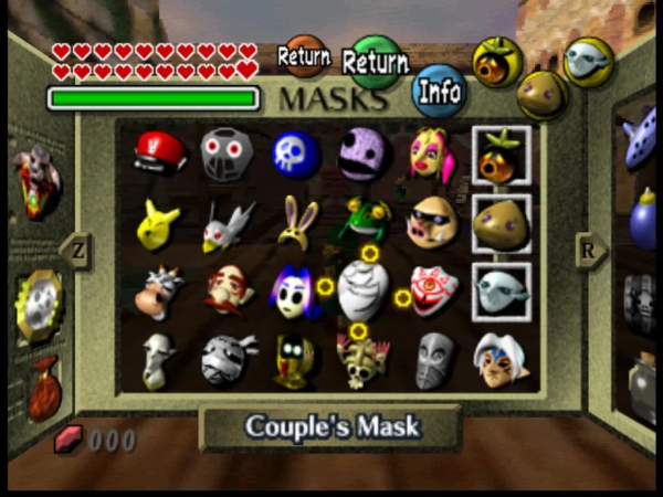 Mask Collection Guide 1 Start screen from The Legend of Zelda: Majora's Mask with all masks obtained