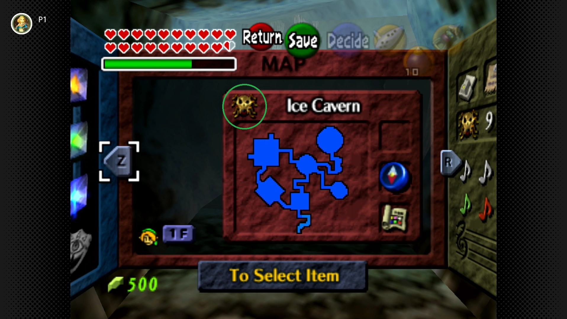 Gold Skulltulas 11 The dungeon map pause menu in Zelda Ocarina of Time showing the gold skulltula status icon.