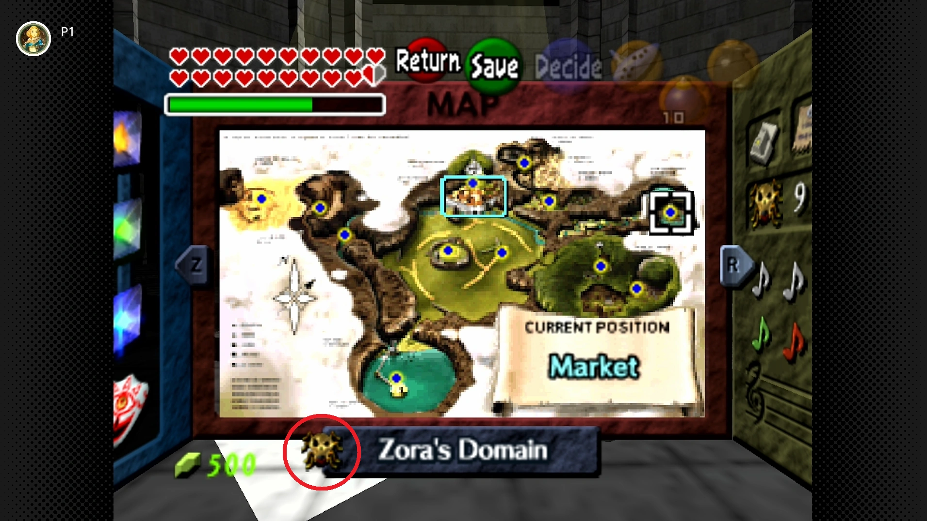 Gold Skulltulas 12 The Hyrule world map menu in Zelda Ocarina of Time showing a gold skulltula icon next to a cleared location name.