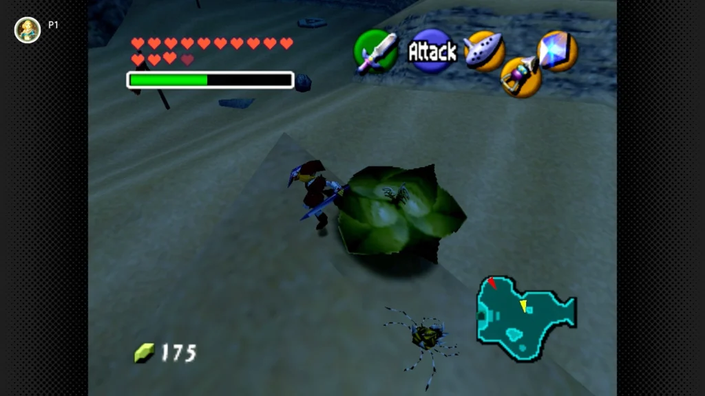 Gold Skulltulas 112 Adult Link riding a fully grown Magic Bean plant high over the Desert Colossus rock arches to claim the 100th Gold Skulltula.