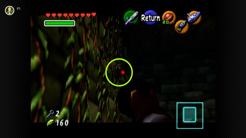 Gold Skulltulas 26 Adult Link using the Hookshot on a Gold Skulltula located high up on the vines in the entrance room of the Forest Temple.