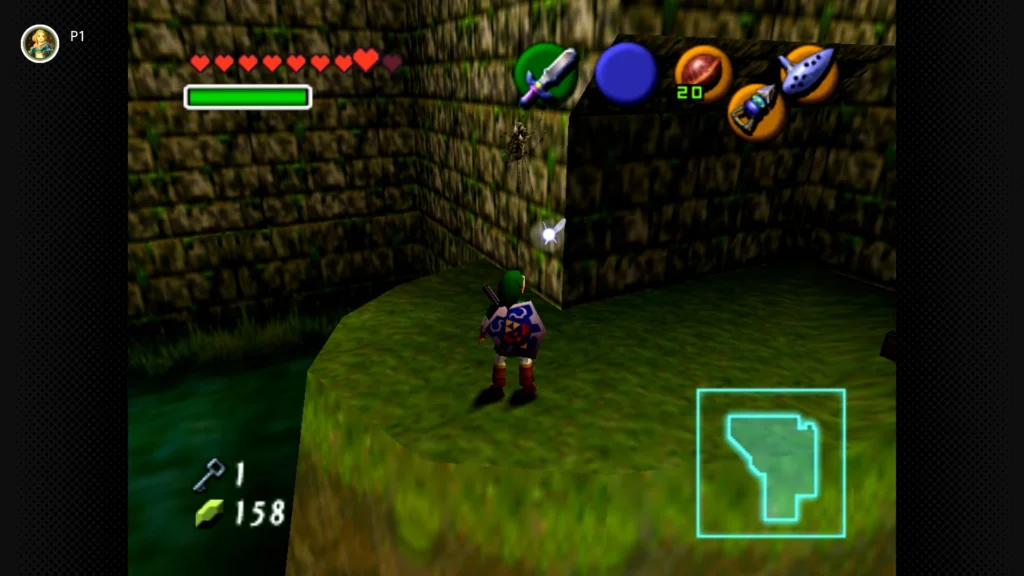 Gold Skulltulas 28 Adult Link standing next to a treasure chest on a small stone courtyard island, targeting a Gold Skulltula on the island's stone wall structure.