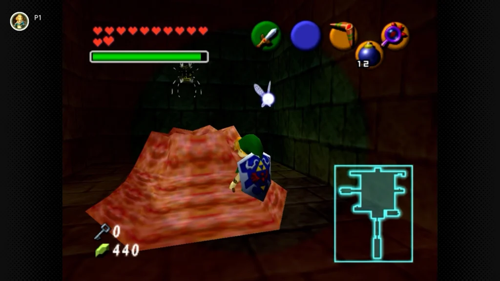Gold Skulltulas 33 Young Link collecting a Gold Skulltula from the wall after defeating a Like Like in the locked western room of the Bottom of the Well.