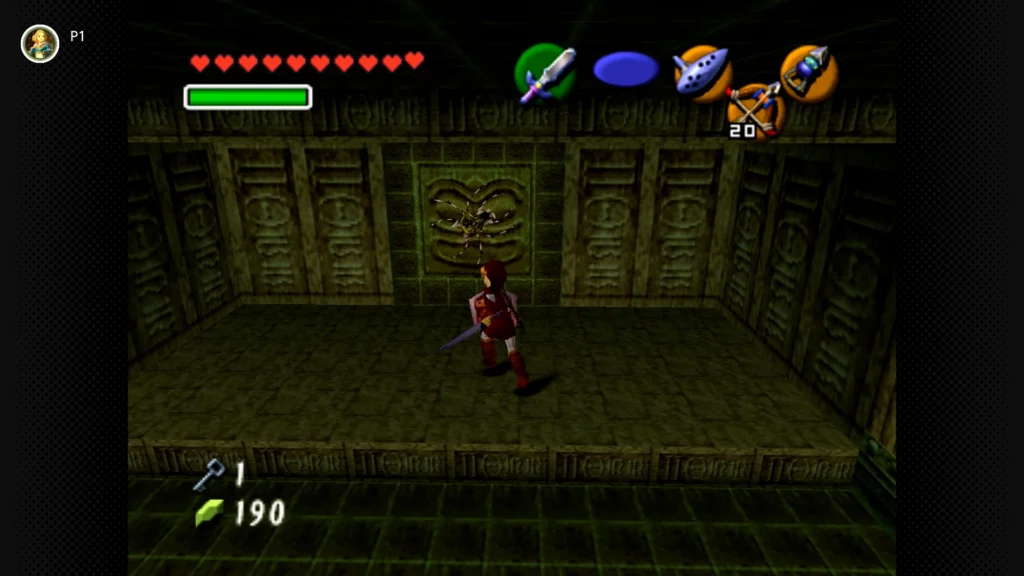 Gold Skulltulas 34 Adult Link playing the Song of Time to move a blue Time Block above a door frame inside the Fire Temple.