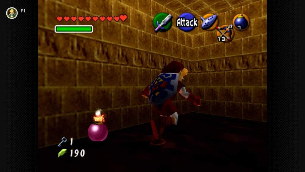 Gold Skulltulas 35 Adult Link using a Bomb to blow open a cracked wall section in the rolling boulder maze of the Fire Temple.