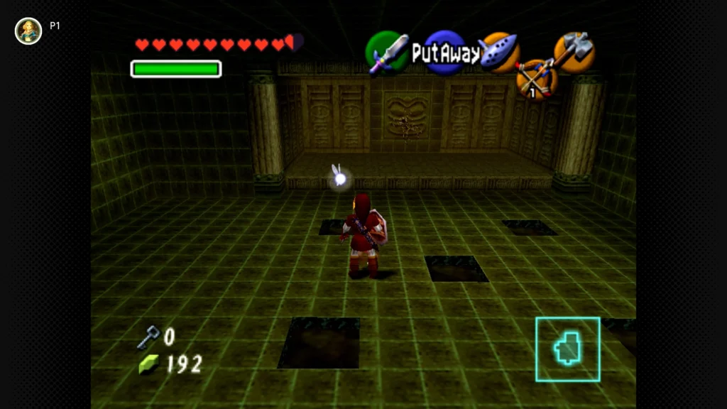 Gold Skulltulas 36 Adult Link using the Hookshot to grab a Gold Skulltula token from the wall in the cage switch room of the Fire Temple.