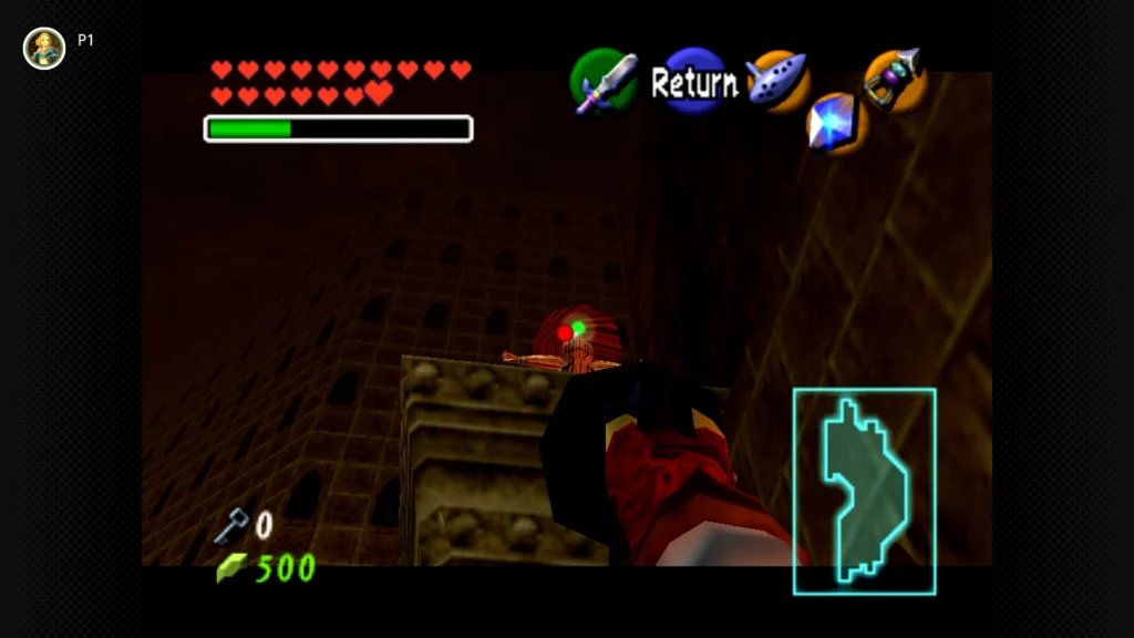 Gold Skulltulas 37 Adult Link using the Hookshot to pull himself up to Pierre the Scarecrow on a hidden ledge in the Fire Temple boulder maze.