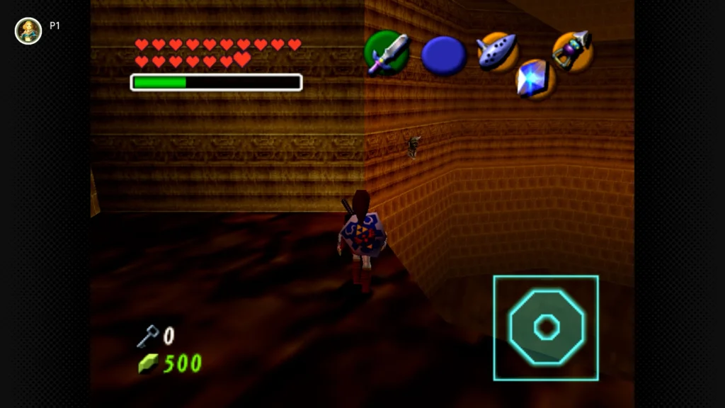 Gold Skulltulas 38 Adult Link standing on the upper ledge of the Megaton Hammer room, aiming at a Gold Skulltula on the western pillar wall.