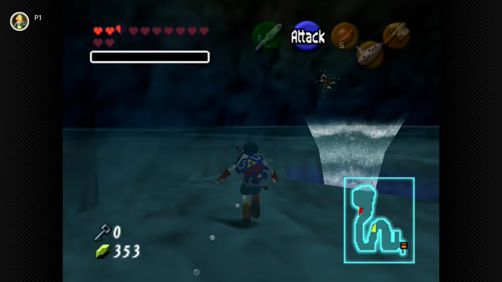 Gold Skulltulas 42 Adult Link wearing the Iron Boots on the riverbed, using the Hookshot to grab a Gold Skulltula above an underwater whirlpool.