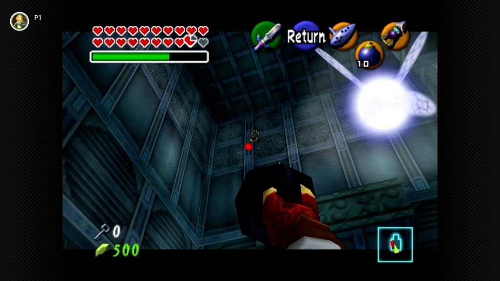 Gold Skulltulas 43 Adult Link using the Longshot to reach a Gold Skulltula token high up inside the central tower of the Water Temple.