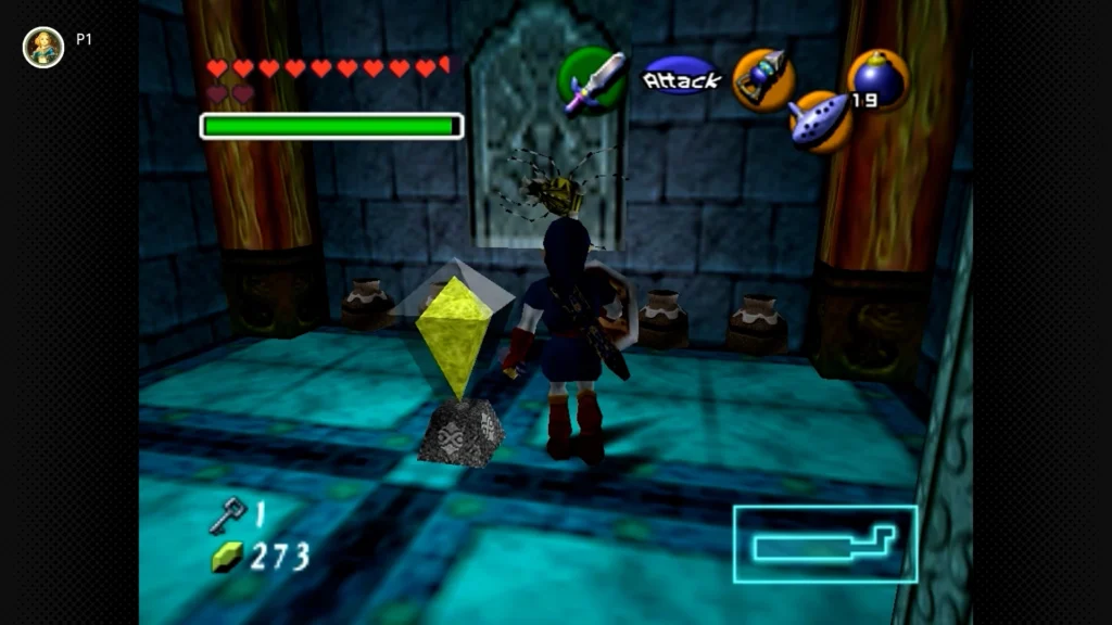 Gold Skulltulas 46 Adult Link executing a Spin Attack next to an iron grate to trigger a crystal switch and unlock a Gold Skulltula.