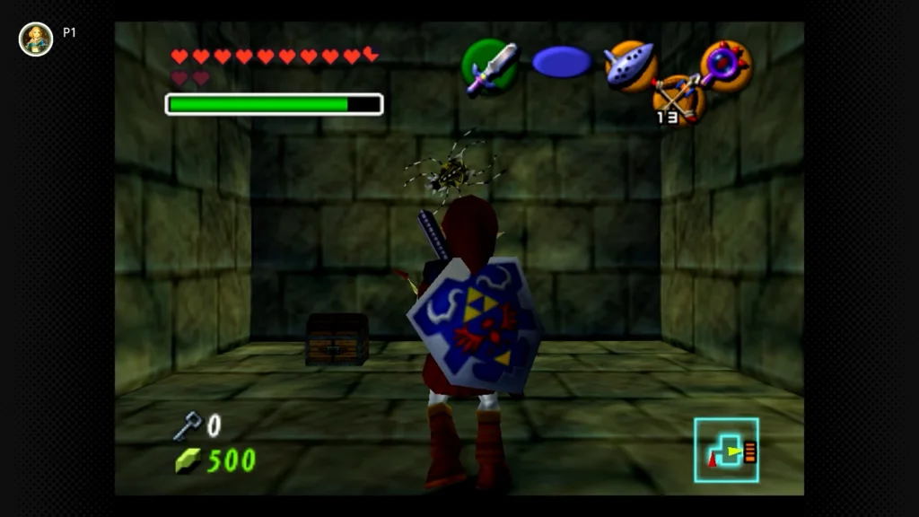Gold Skulltulas 47 Adult Link activating the Lens of Truth to see through a fake wall leading to a hidden cell room in the Shadow Temple.